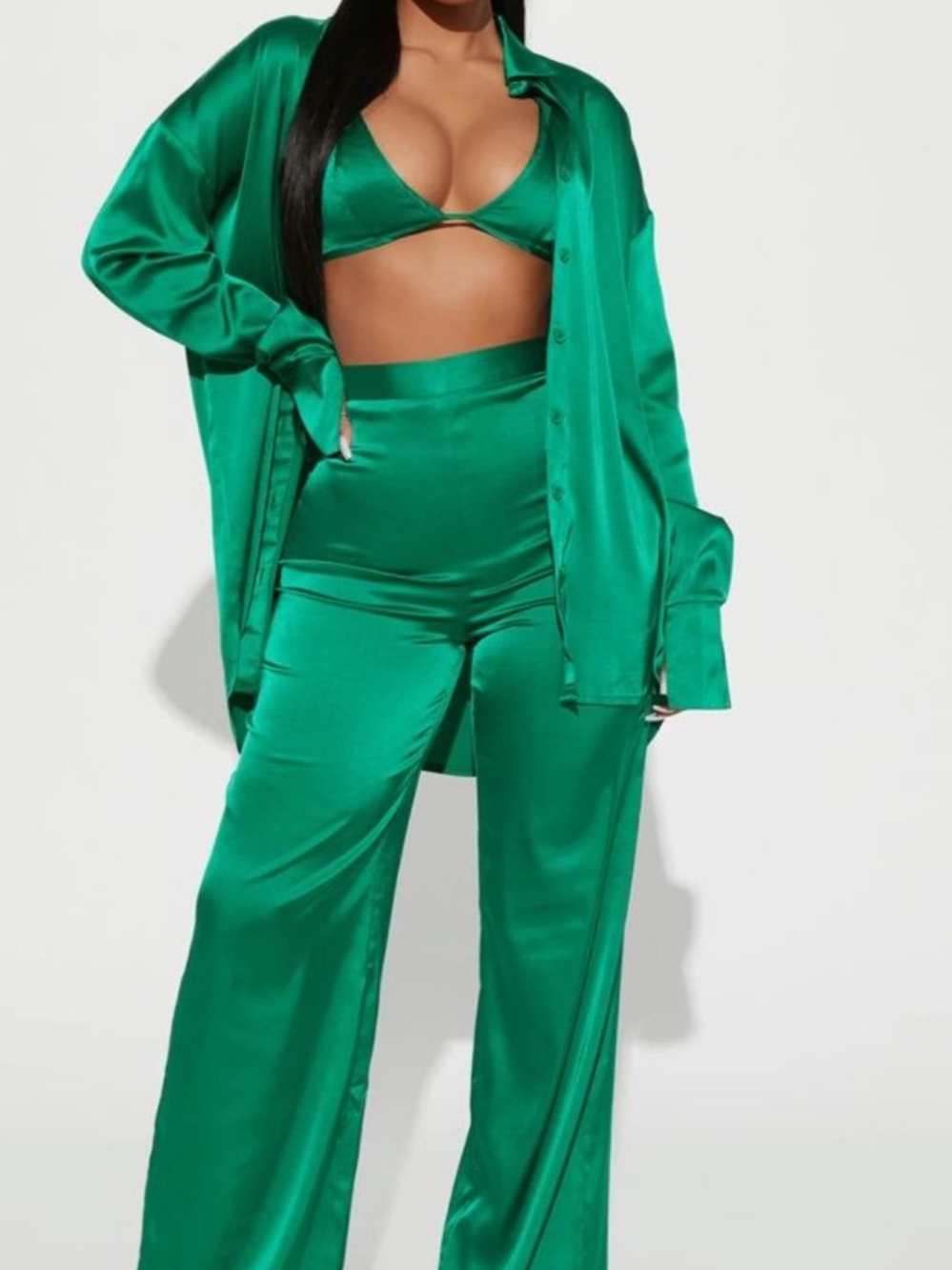 Satin High-Waist Wide-Leg Pants - Emerald Green
